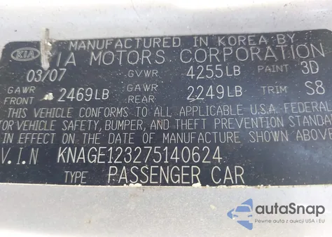 2007 Kia Optima Lx z USA, uszkodzony, nr VIN KNAGE123275140624